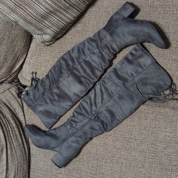 Over the Knee Faux Suede Lace Up the Back Boots - Picture 1 of 7